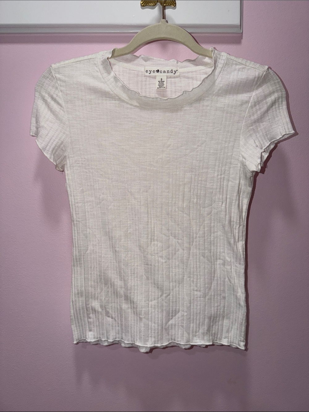 eye candy White Ribbed Lettuce-Edge Short Sleeve Tee